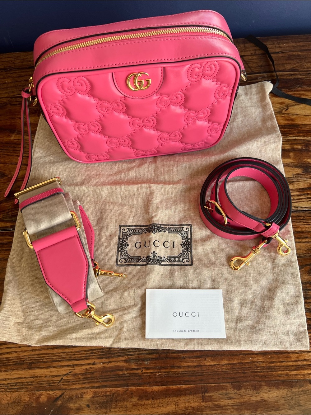 Gucci GG Matelassé Small Pink Leather Crossbody Bag 702234 2 Straps Dust Bag